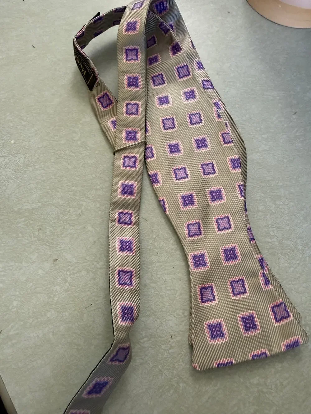 Vintage Paul Stuart Pink, Tan, and Purple Silk Bow Tie - Great condition
